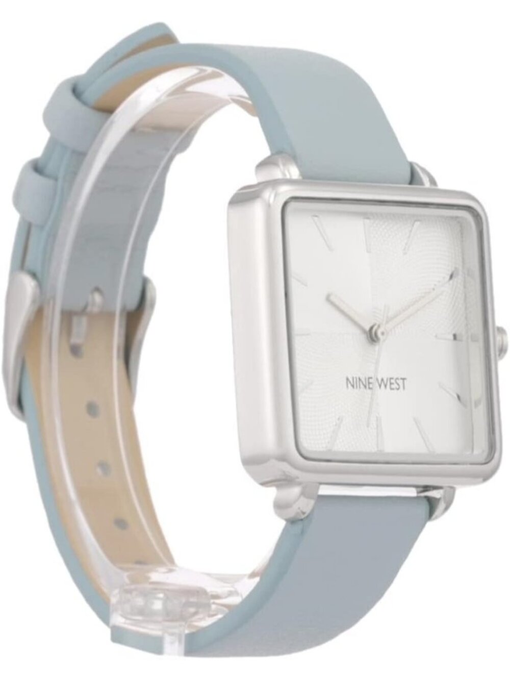 Nine West Women's Light Blue Silver Analog Solid Faux Leather Strap Square Watch - Picture 5 of 6